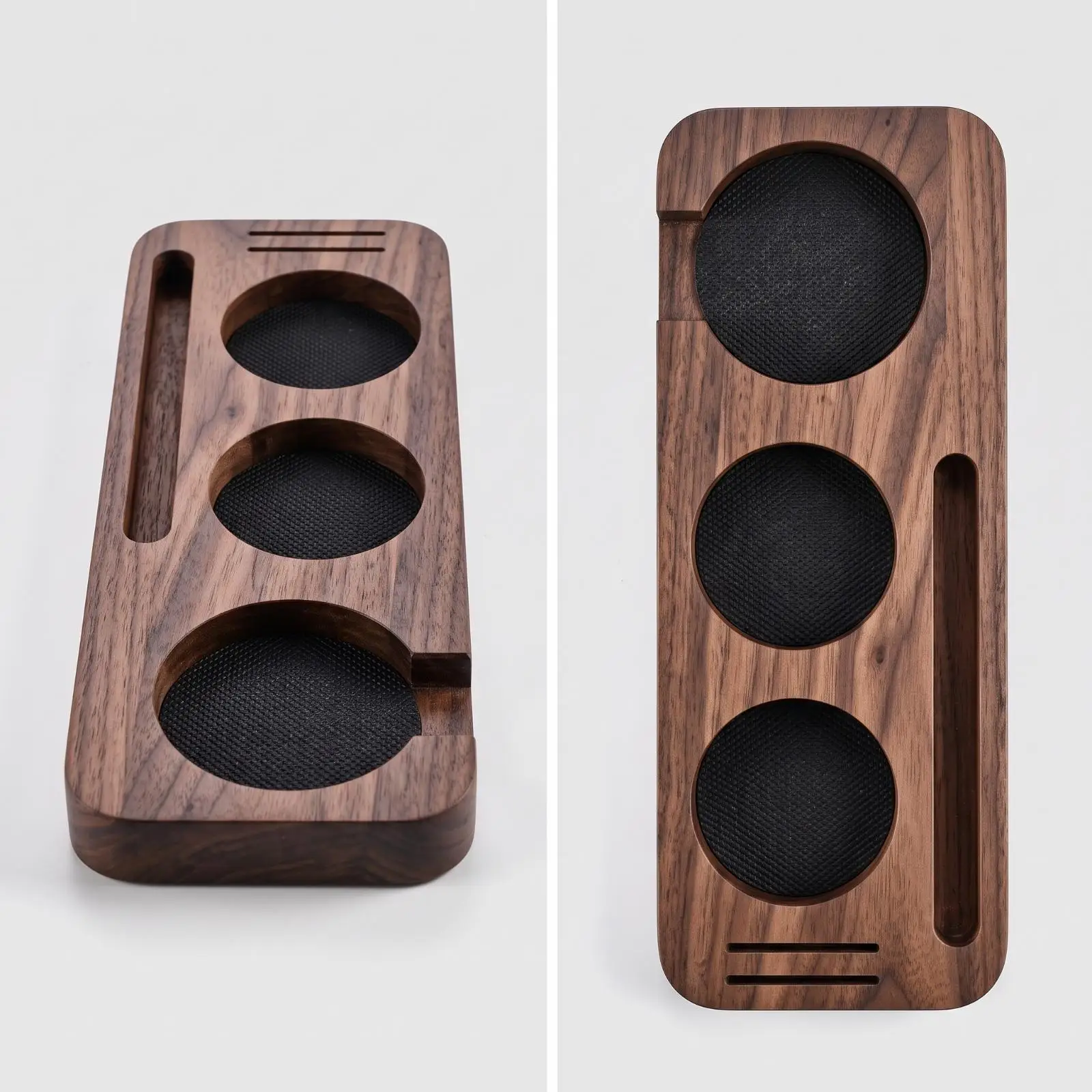 Espresso Tamper Holder Wooden Walnut Base with Circular Slots and Parallel Grooves for Coffee Accessories Counter Organizer