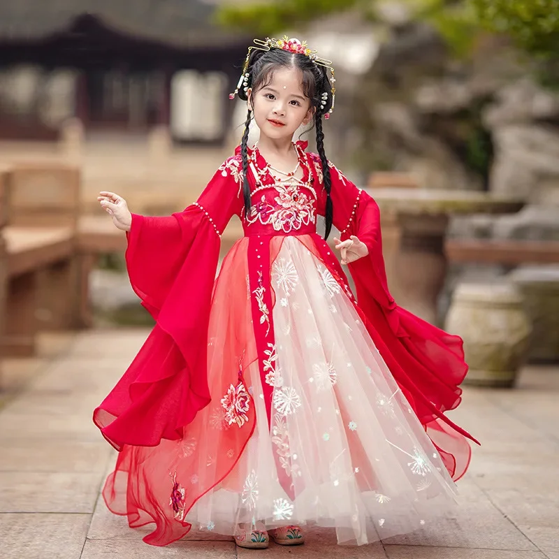 

Ancient Chinese Costume Girl Traditional Tang Dynasty Fairy Dress Hanfu Outfits Kids Han Dynasty Elegant Performance Clothes