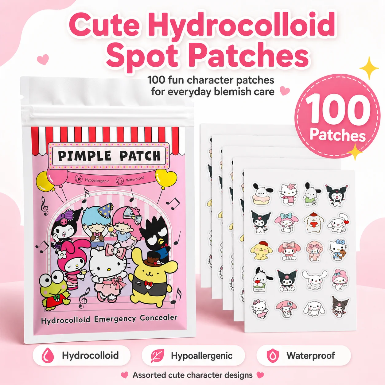 100PCS Sanrio Hello Kitty Acne Patch, Hydrocolloid Acne Patch, Makeup Blemish Pimple Patch, Waterproof and Sweatproof