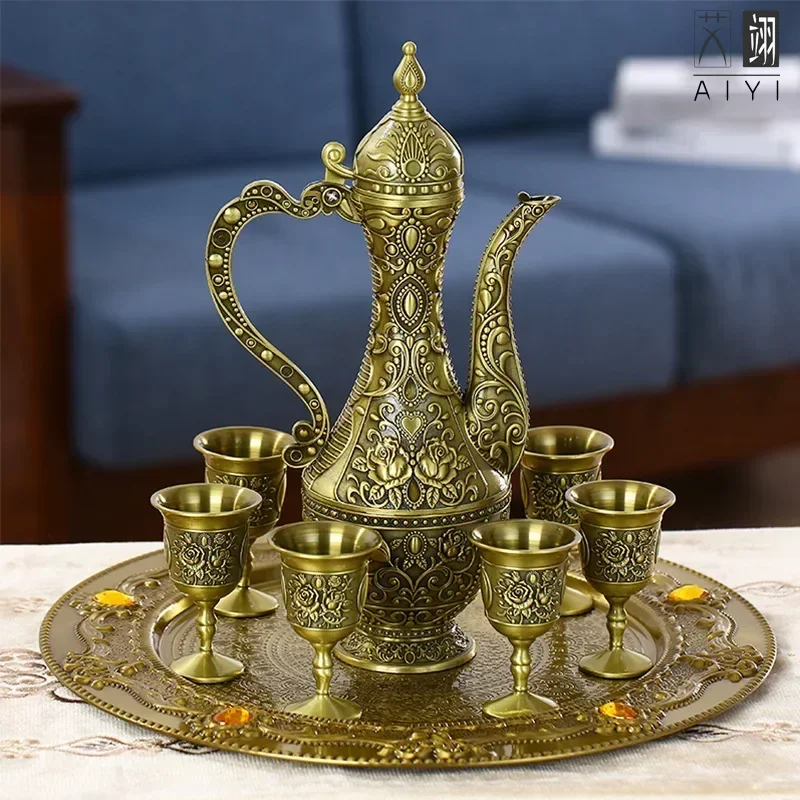 

European Style Alloy Wine Set Set Antique Style Wine Pot Bronze Color White Wine Glass Household Engraved Flower Spirits Glass