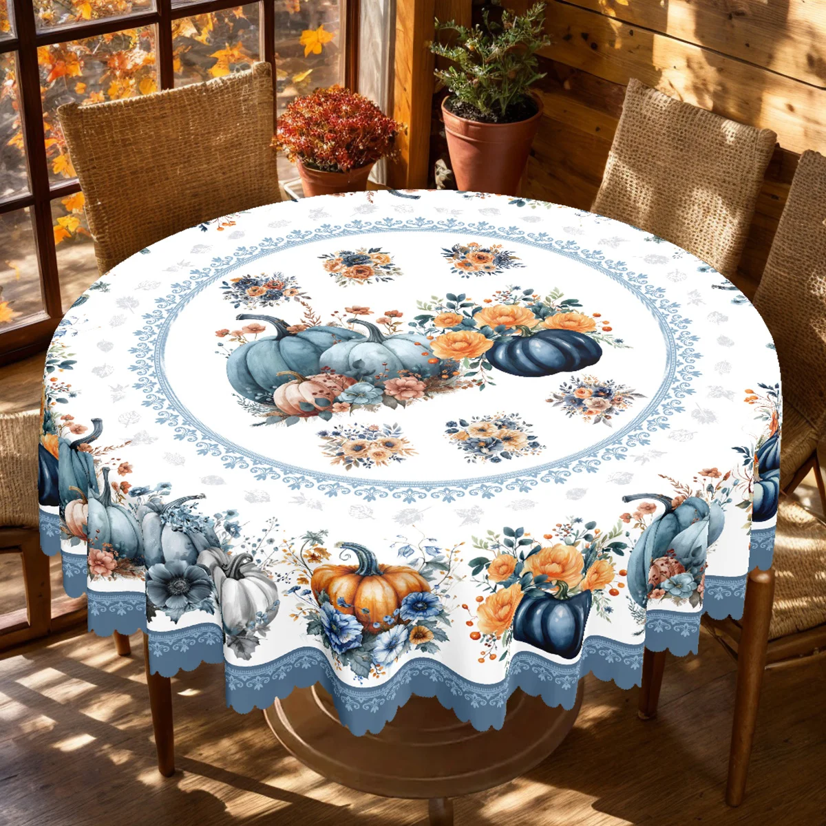 1 piece, autumn Thanksgiving-themed tablecloth, with autumn harvest blue pumpkin and maple leaf designzyc