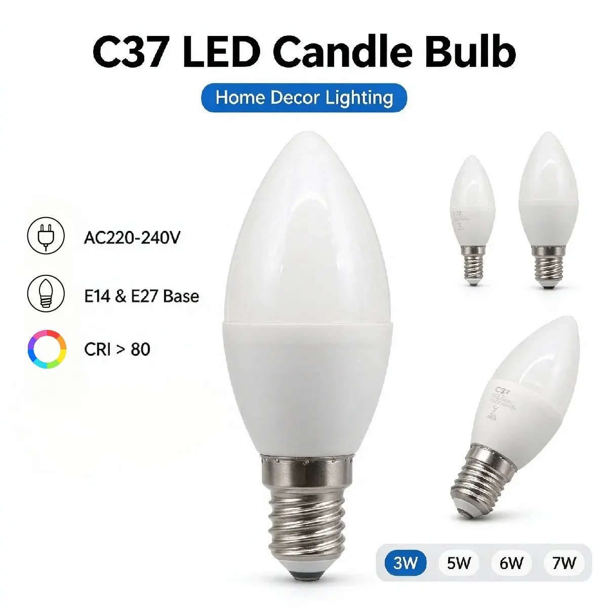 Candle Shape LED Decorative Bulb E14 E27, AC220-240V 3/5/6/7W Indoor Light for Chandelier, Foyer & Home Decoration