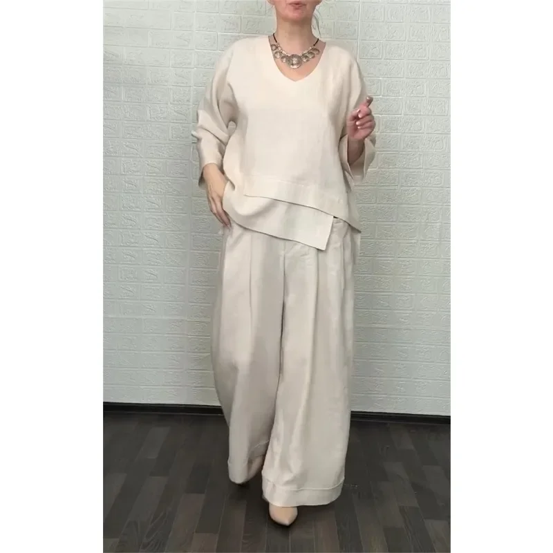 women's clothing 2025 summer new V-neck loose large size nine-quarter sleeve top wide-leg trousers two-piece set TR1367