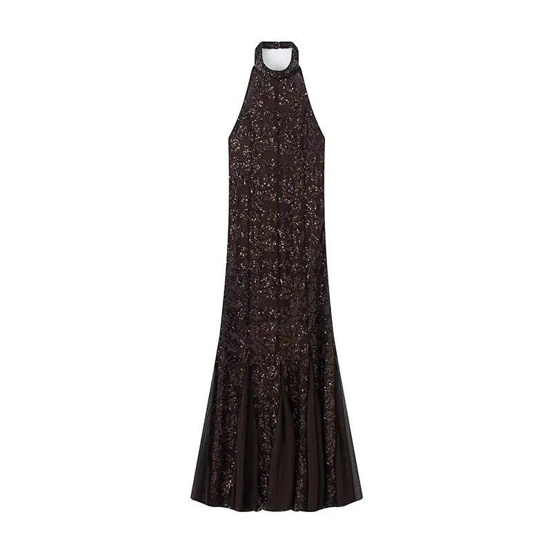 Nlzgmsj 2026 Spring Sexy sequin decoration Long Dresses for Women Backless Hanging neck collar Dress Elegant Evening Party Dress - Image 2