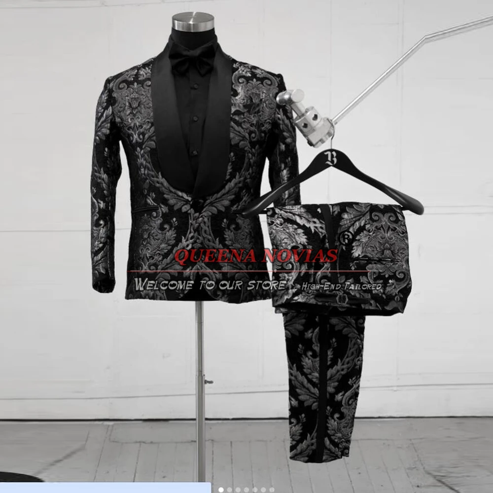 Vintage Wedding Suits For Men Slim Fit Black Peaked Lapel Jacquard Groom Tuxedos Custom Made 2 Pieces Jacket Pants Prom Blazers