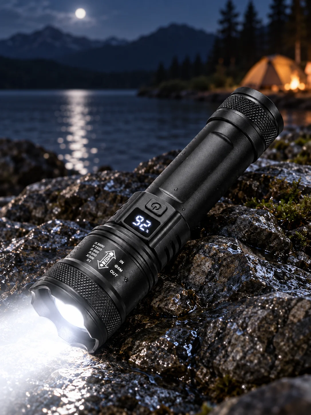 Latarka LED o dużej mocy 2000LM, ładowana przez USB, taktyczna, z wyświetlaczem stanu baterii, regulacją światła, idealna do użytku podczas biwakowania, wędkowania i w sytuacjach awaryjnych. — 2