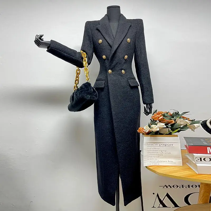 Women's Black Long Wool Coat Autumn Winter Tweed Jacket New High-end Lapel Double-Breasted Elegant Fitted Long Outerwear