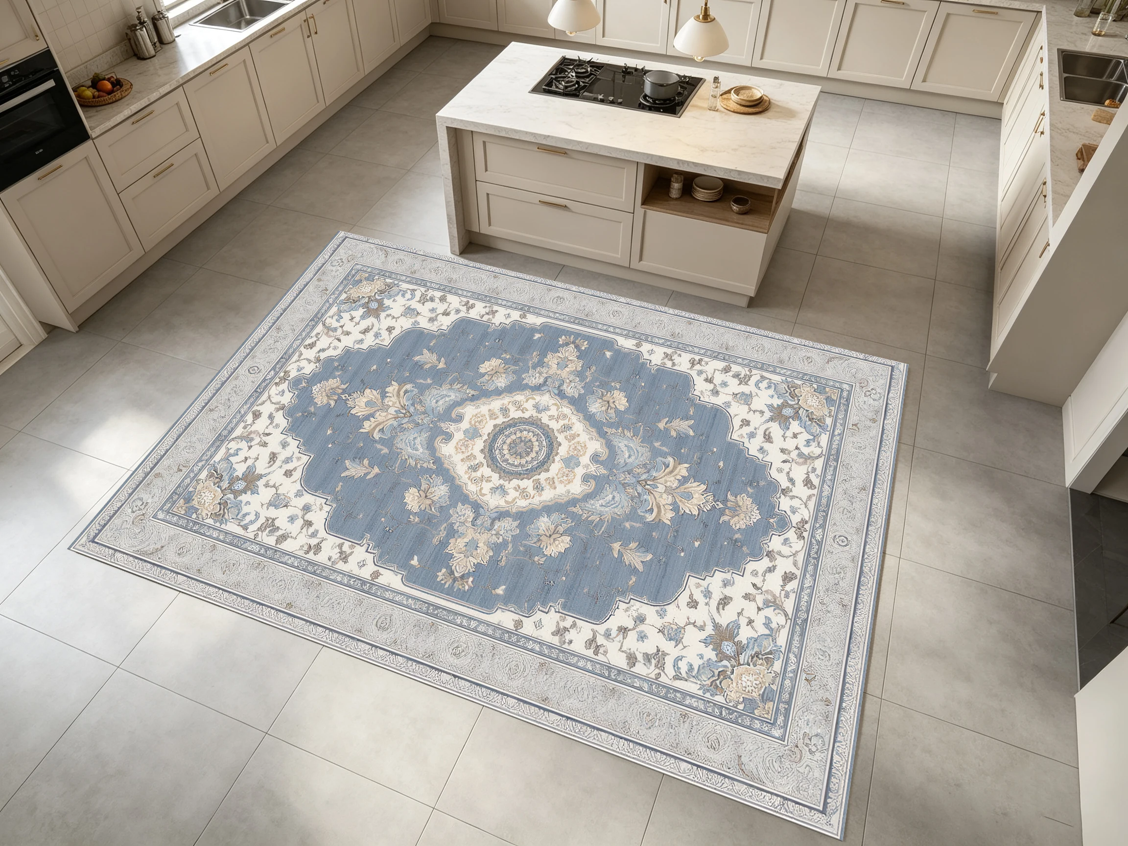 European Retro Pattern 2D Rug, Gray and Blue Tone, Light Luxury Style, Suitable for Living Room and Bedroom, Enhances