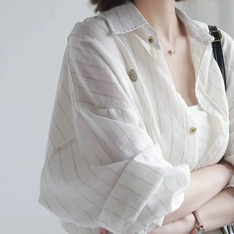 

Summer Thin Cotton Linen Long Sleeve Shirt Women Loose Casual Simple Design Small Audience Outerwear Top Breathable Sunscreen