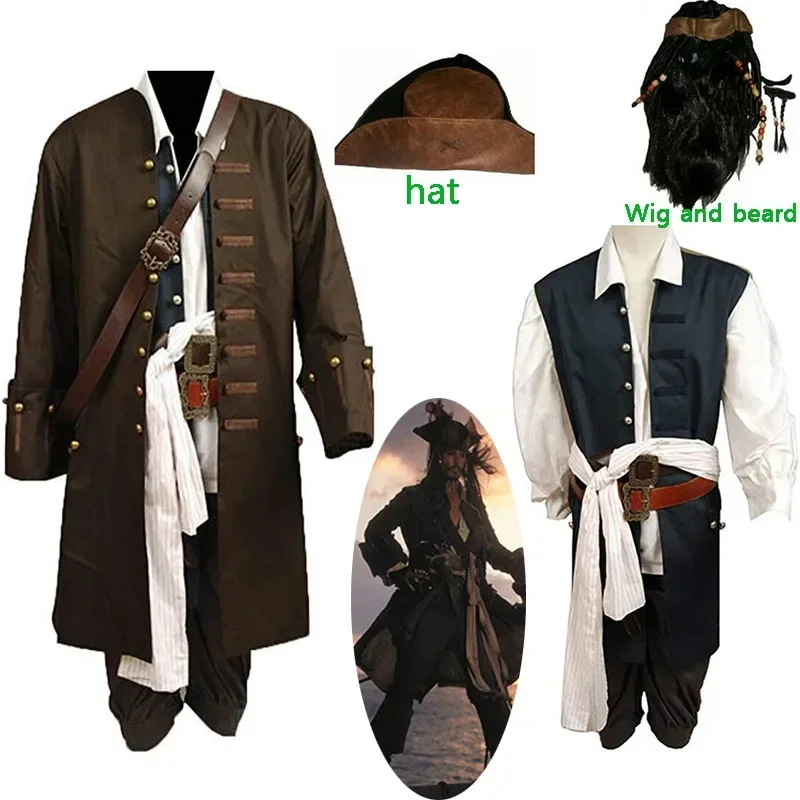 Pirates Jack Sparrow Cosplay Costume For Adult Men Halloween Woemn Cosplay Carnival Costumes Full Set Hat And Wig