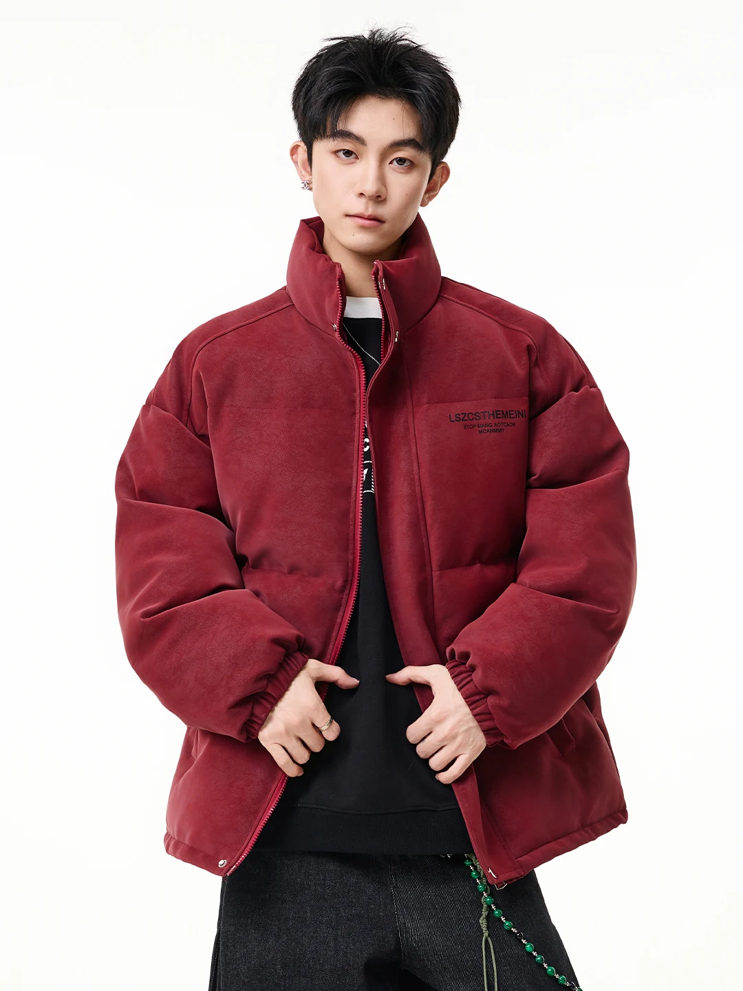 

Красная мужская куртка из искусственной кожи с воротником-стойкой, утепленная, в стиле «хлебный пуховик», зимнее пальто, хлопковая одежда, повседневная молодежная мода