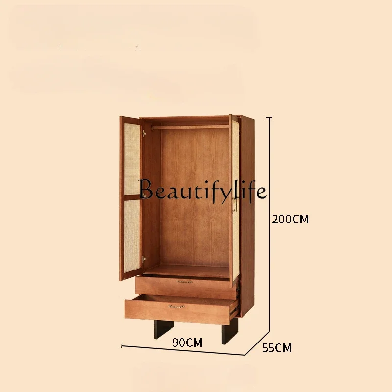 

S Nordic Retro Solid Wood Wardrobe Bedroom Double Door Storage Cabinet