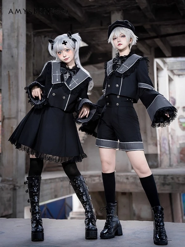 Japoński Vintage Dworski Styl Lolita Seria Książęca Kołnierz Marynarski Płaszcz Koszula Szorty Sukienka Codzienna Subkultura Gotyckie Zestawy Cosplay