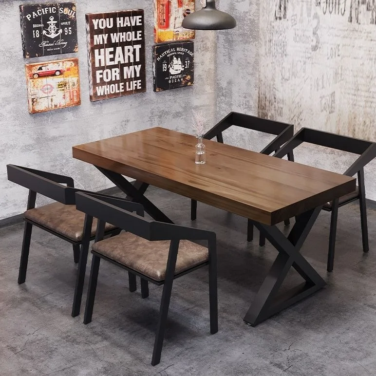 Bar BBQ Music Restaurant Table and Chair Rectangle Solid Wood Table Industrial Wind Clear Bar Hot Pot Iron Art