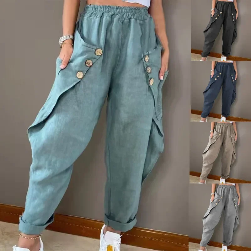 European and American women\'s clothing 2024 summer new pants fashion pocket button waist casual pants YBF54-3