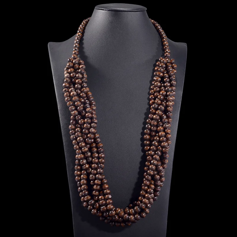 Handmade Multilayer Wooden Necklace & Pendant African Jewelry Statement Bib Beads Collar Long Necklace Ethnic Maxi Collier