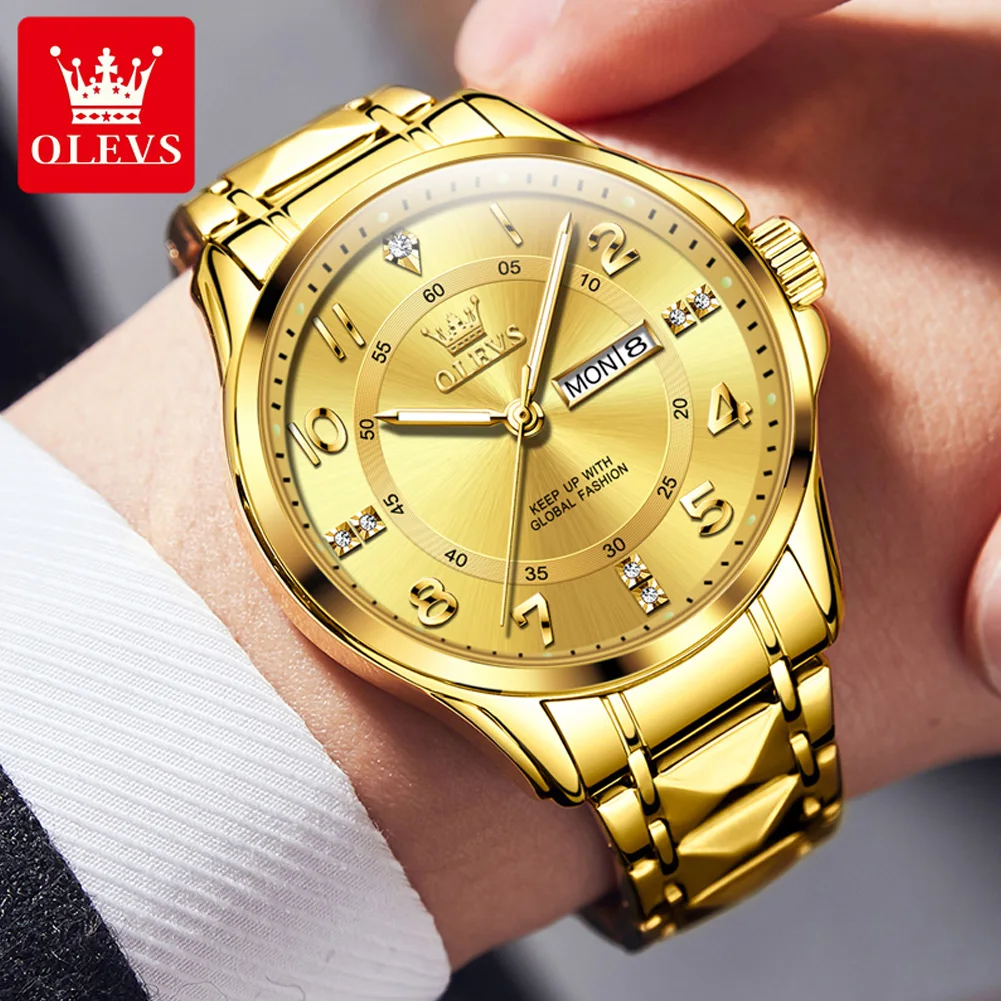 OLEVS Elite Golden Stainless Steel Quartz Watches for Men Luxury Brand Roman Numeral Markers Dual Calendar Waterproof Mens Watch