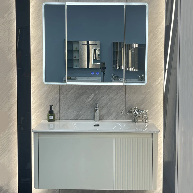 

High Quality Modern Hotel Use Double-door Wall Mounted Bathroom Storage Solid Wood Vanity Cabinet with Sink and Mirror Combo