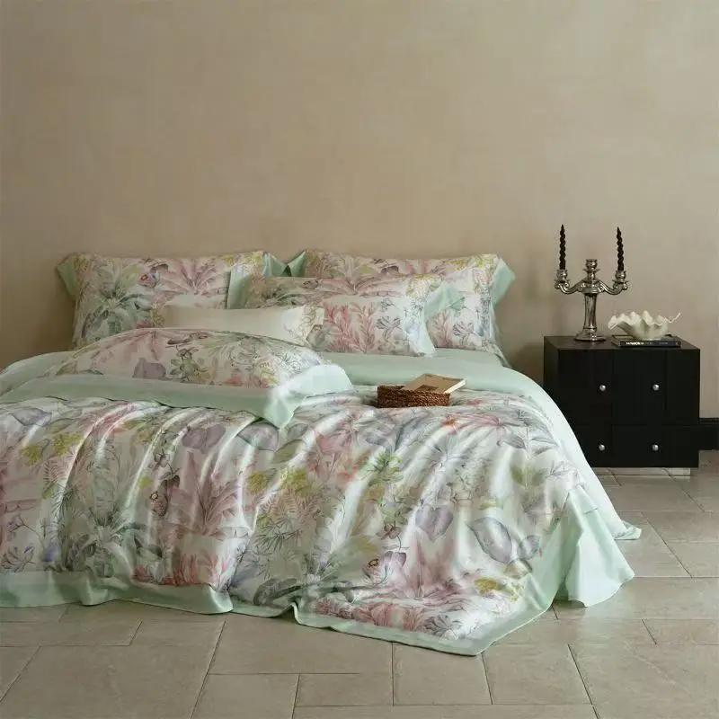 100% Lyocell Fiber Bedding Set Queen King Size Bed-linens Couple Bed Soft FloralPrinted Silky Duvet Cover Pillowcase Bedsheet