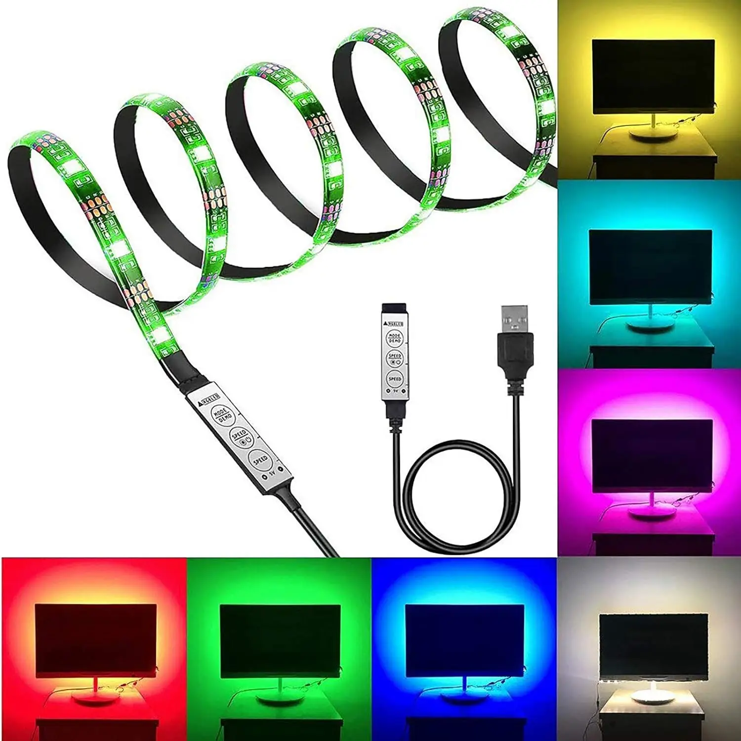 Tv and Computer Background Led Light Strip, Simple Three-Button Control, Rgb5050 Led Light Strip, USB Interface, 5V, Adhesive Backing, Suitable for Tv, Computer, Home, Holiday, Party Decoration, Flexible Light Strip