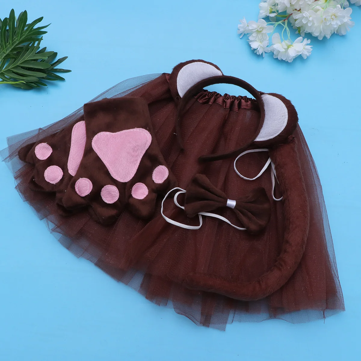 5pcs in 1 Set Creative Animal Monkey Cosplay Costume Headband Bow Tie Paws Gloves Tail Mesh Skirt Set Kids Performance Stage Hal