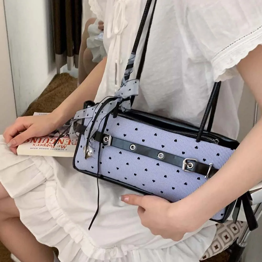 

All-match Sweet French Stick Handbag Canvas Bow Ribbon Blue Shoulder Bag Y2K Lace Stripe Heart Underarm Bags School