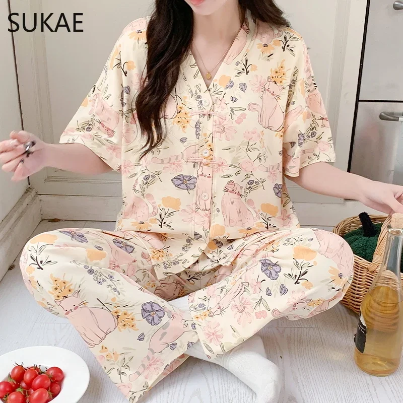 SUKAE Women Pajamas Set Summer Faux Cotton Sleepwear for Girl Leisure New Chinese Style V-neck Lady Pijama Chic Floral Nightwear