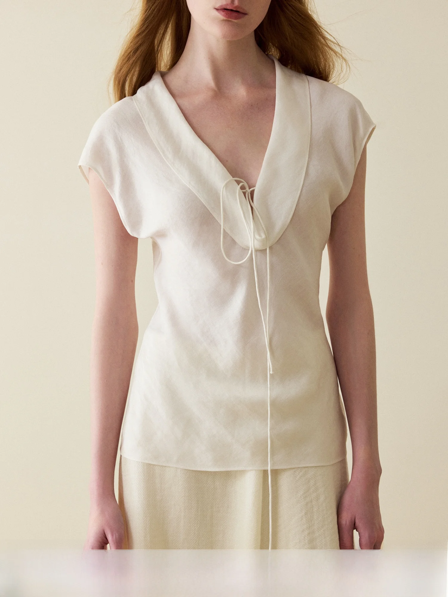 

MURMUR MI Ruche Casual Linen Short Sleeve T-Shirt Women's High Waist V-neck Top Breathable Comfortable Spring Fashion