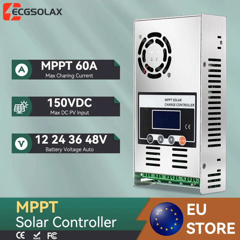 Contrôleur de charge solaire MPPT ECGSOLAX 60A, contrôleur de charge de batterie 12V 24V 36V 48V Auto, max PV 150VDC 60A