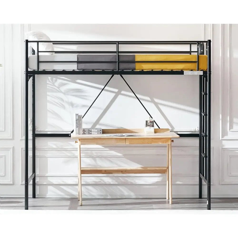 71 Inches Tall Loft Bed Twin Size with Flat Ladder Rung for Kids Teens Adults Heavy Duty Metal Single Bunk Bed Loft