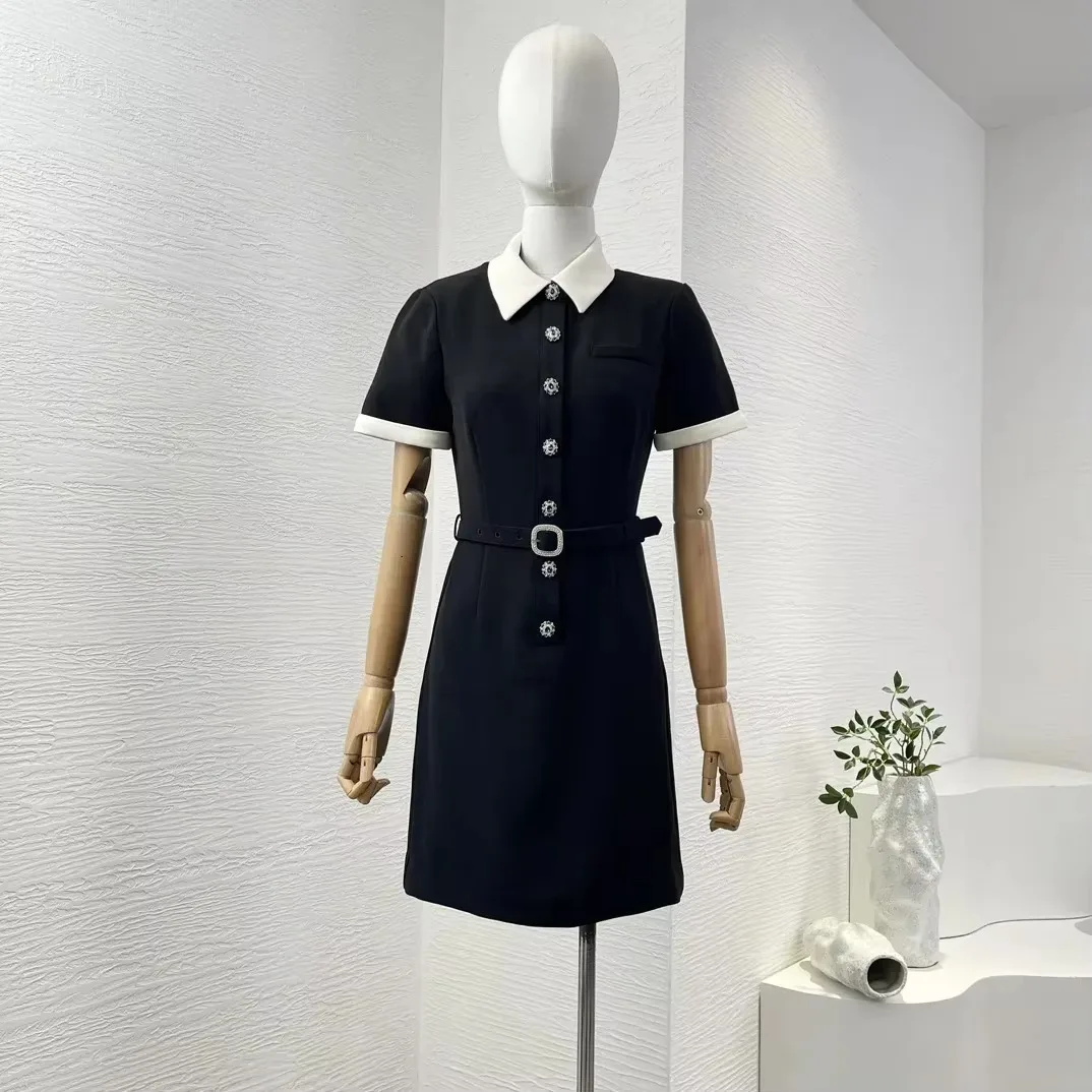 Femal's Black Short Sleeve 2025 Arrivals New Classic Belted Top Quality Slim Fit Commuter Style Women Mini Dresses