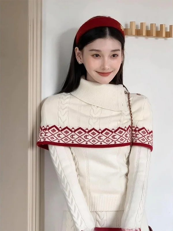

Cisas Theme Fair Isle Knitted Base irt Women's Autumn Winter f Skirt oulder awl Tee-Piece Set Soft Korean Sle