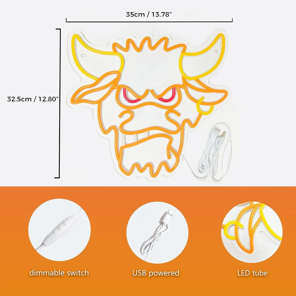 Devil Neon Sign for Wall Decor Cow Neon Light USB Powered Bull Led Neon Sign Dimmable for Bedroom, Club, Bar, Men Cave,Game Room