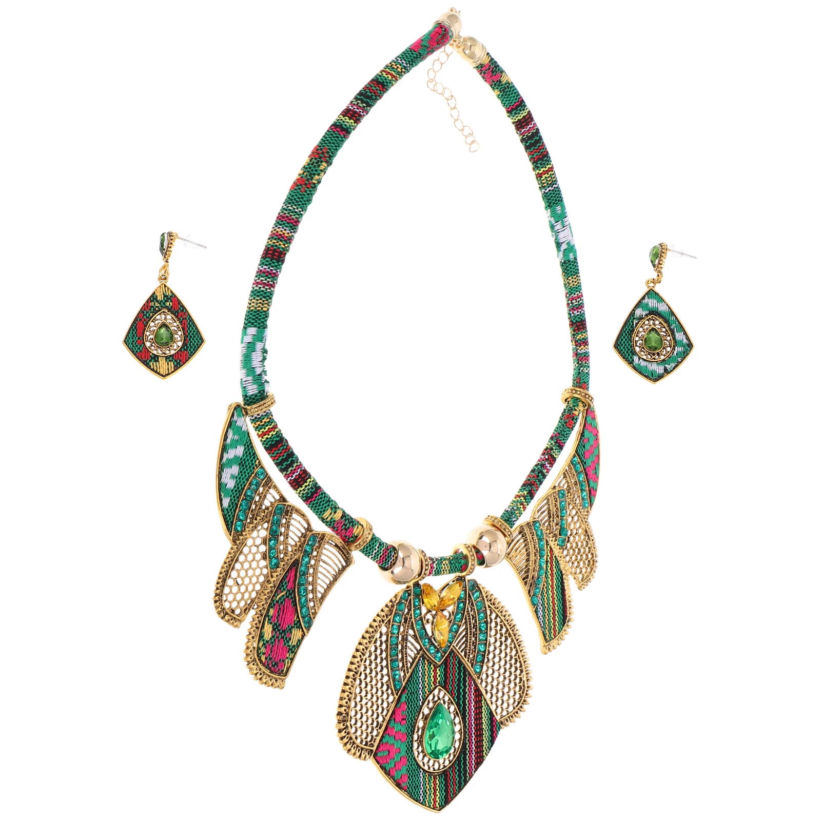 

Bohemian Necklace Earrings Set Chunky Necklaces Women Ethnic Jewelry Folk Custom Green Gifts