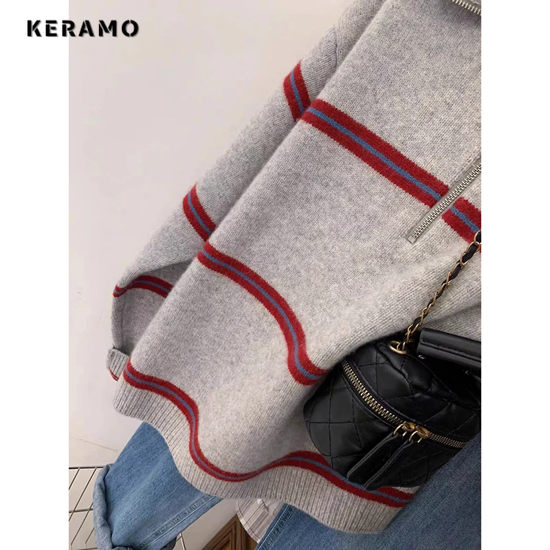 Spring Winter Women Fashion Loose Striped Knitted Gray Sweaters  Long Sleeve Retro Zip-up Pullovers Casual Pink Tops Y2k Female