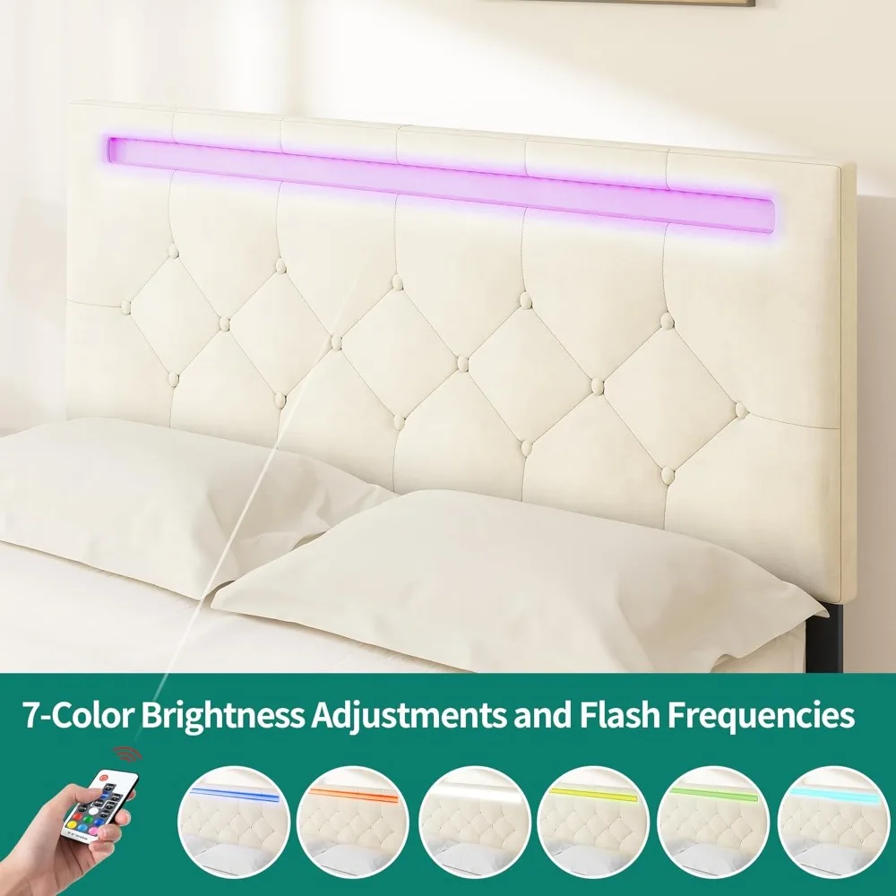 Bed Frame Large, LED Bed Frame, with 4 Storage Drawers, Adjustable Cushioned Headboard Platform Bed