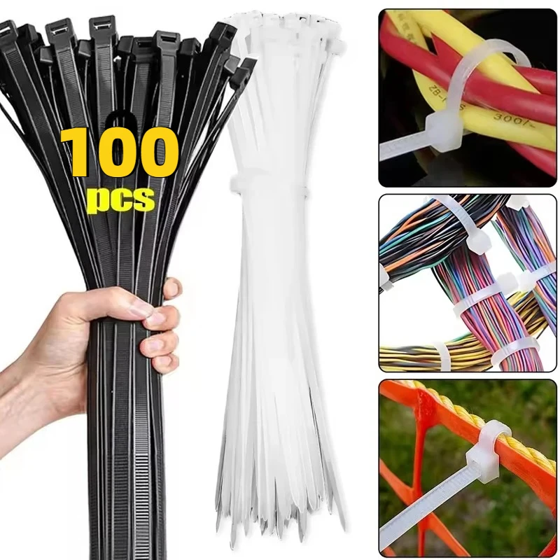 100PCS Thick nylon self-locking zip ties, wholesale household and office zip ties, adjustable cable fastening ropes