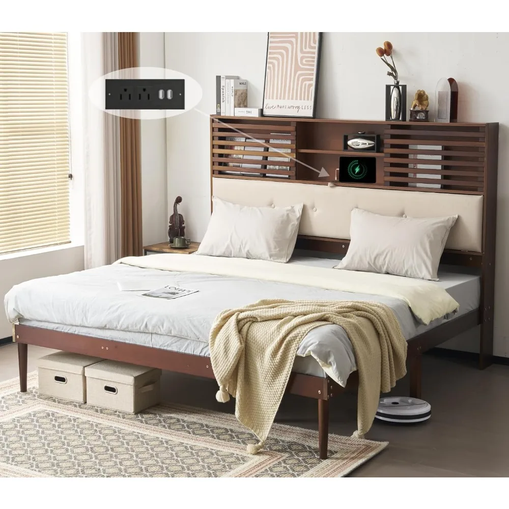 VINGLI Full Size Bed Frame with 52'' Extra Tall Bookcase Headboard/Charging Station/LED Lights Solid Wood Mid Century Modern Bed