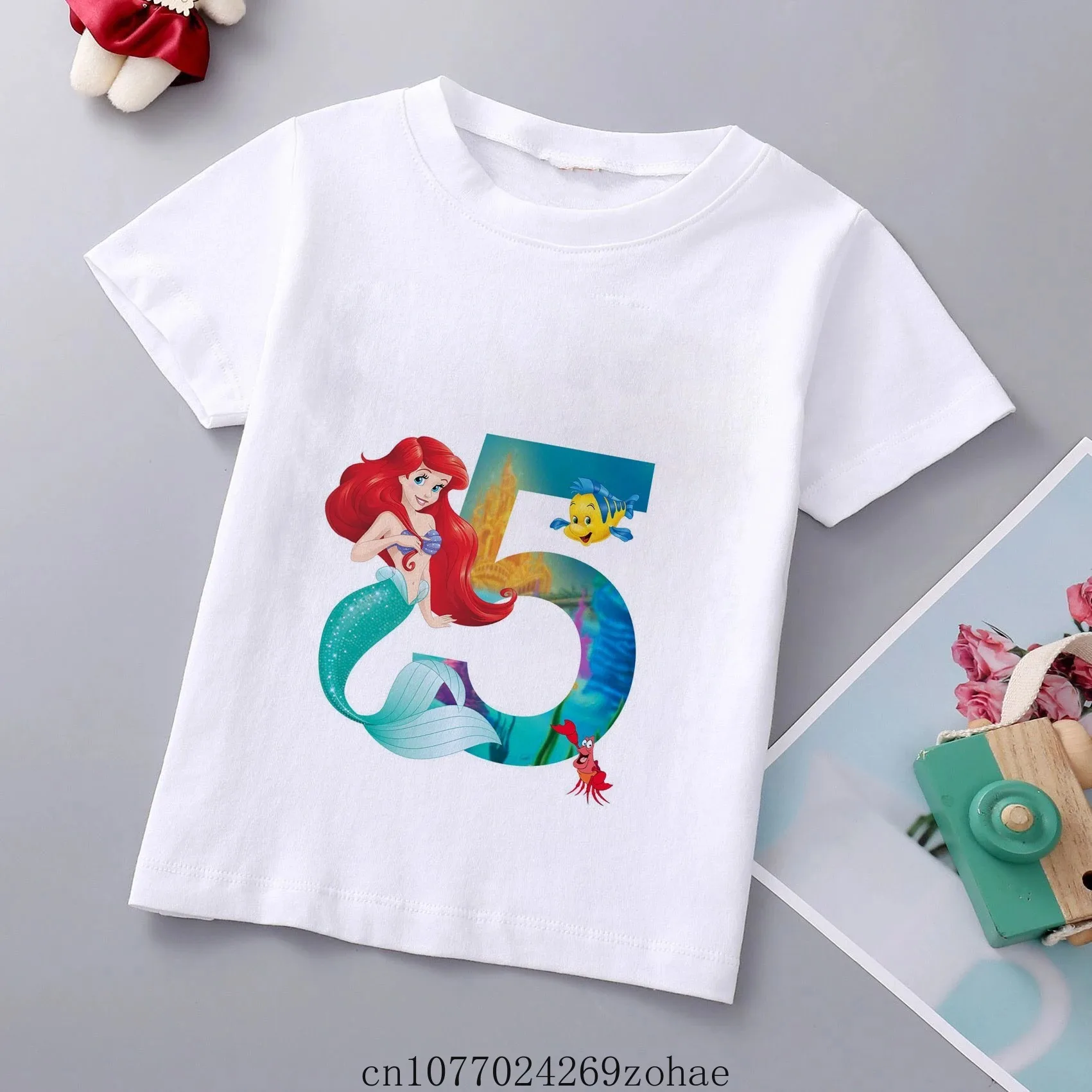 Disney New Brand Girls Mermaid Princess Print T Shirt Ariel Princess Tee Clothes Children Cartoon Top1-9Years Kids Birthday Wear