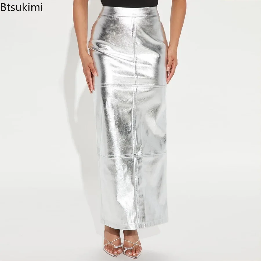 New Women's Metallic Shiny PU Leather Maxi Skirt Sexy High Waist Wrap Hip Bodycon Skirt Splice Slit Half Skirt Streetwear Female