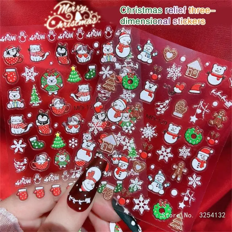 5D Embossed Christmas Nail Art Stickers 3D Self-Adhesive White Snowflake Nail Decals Christmas Tree Winter Nail Design