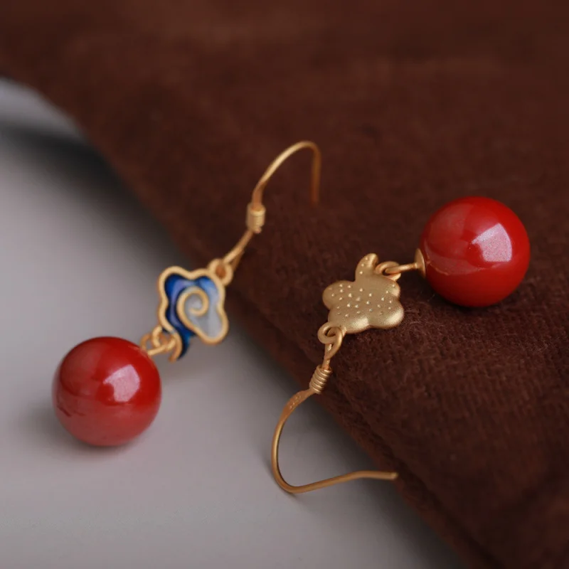 New Chinese Style Palace Retro Style Cinnabar Earrings 925 Silver Gold Plated Cloisonné Cold Enamel Xiangyun Imperial Cinnabar E