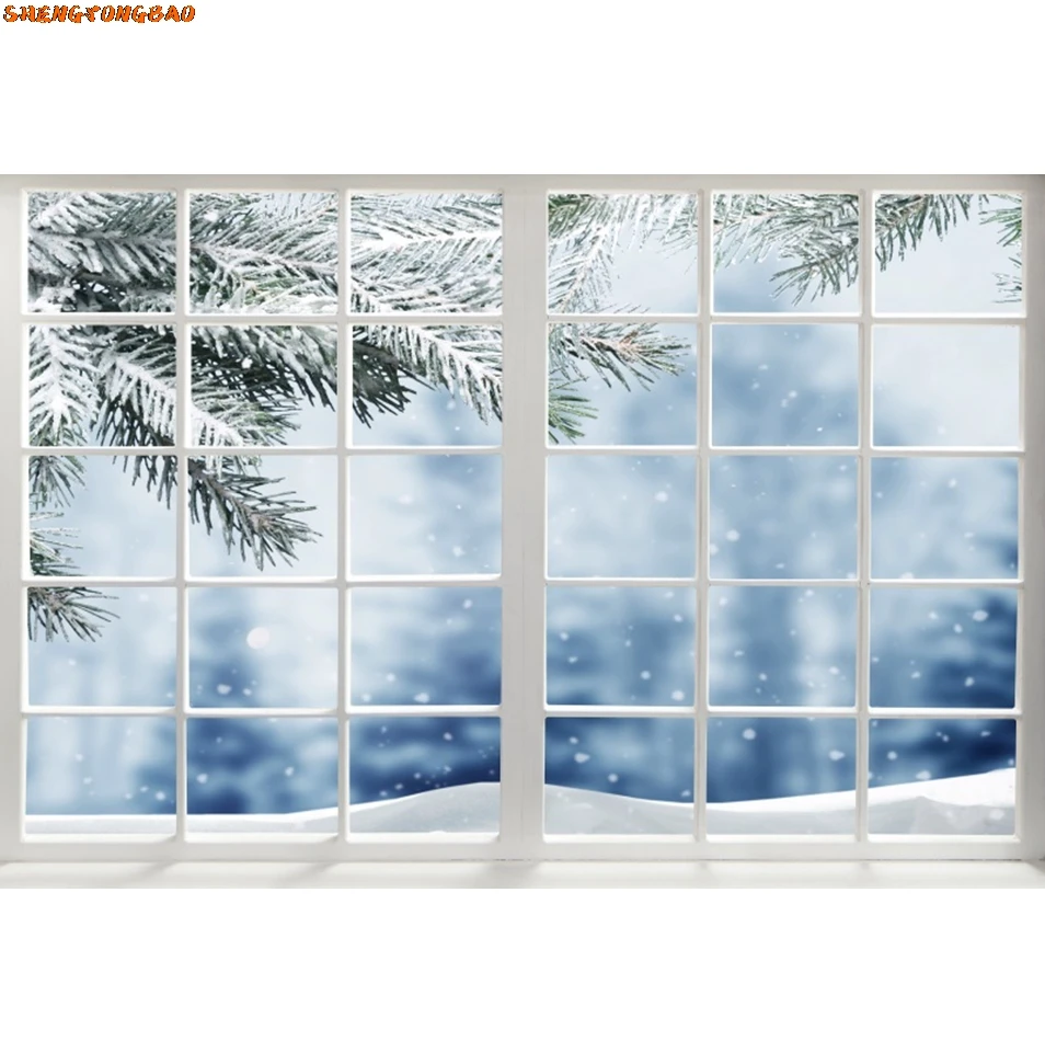 

French Window Winter Snow Scenery Backdrop Kids Portrait Interior Family Party Photography Background Decor Photo Studio Props