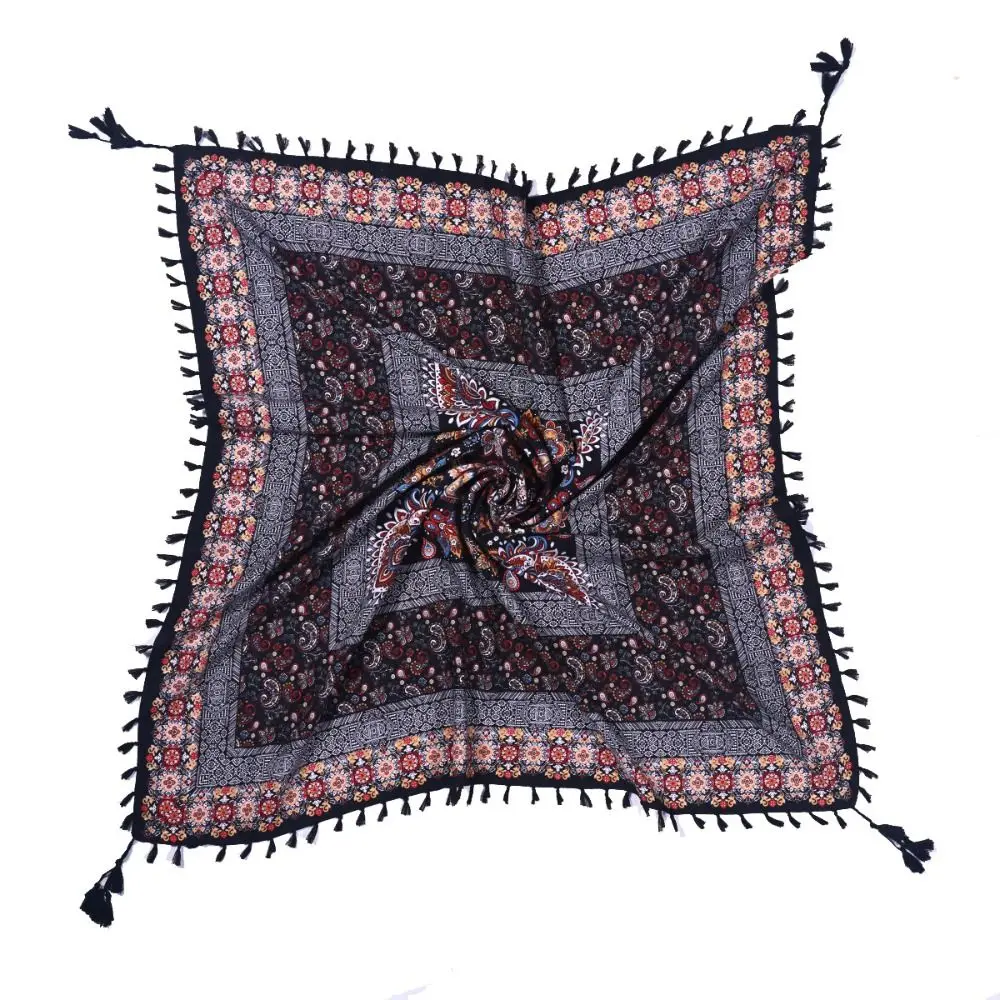 

115*115cm Ethnic Style Shawl Floral Print Tassel Trim Russian Square Scarf Knotted Weave Geometric Pattern Ethnic Wrap