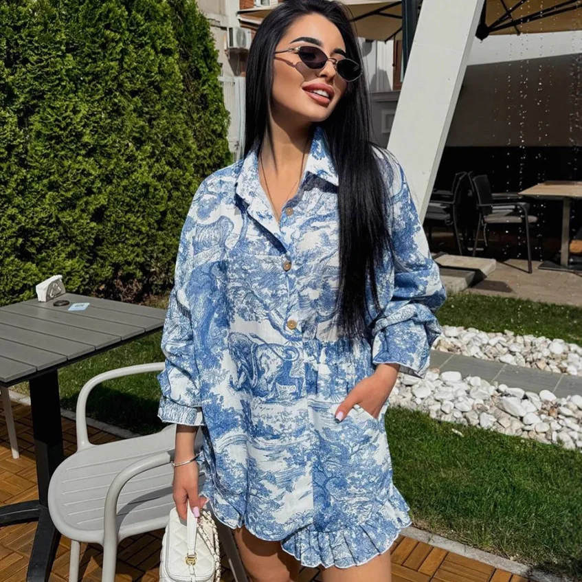 

Осенние женские комплекты из 2 предметов с принтом, однобортная женская рубашка с воротником с лацканами и пышными рукавами, плиссированная юбка с высокой талией и карманами для женщин