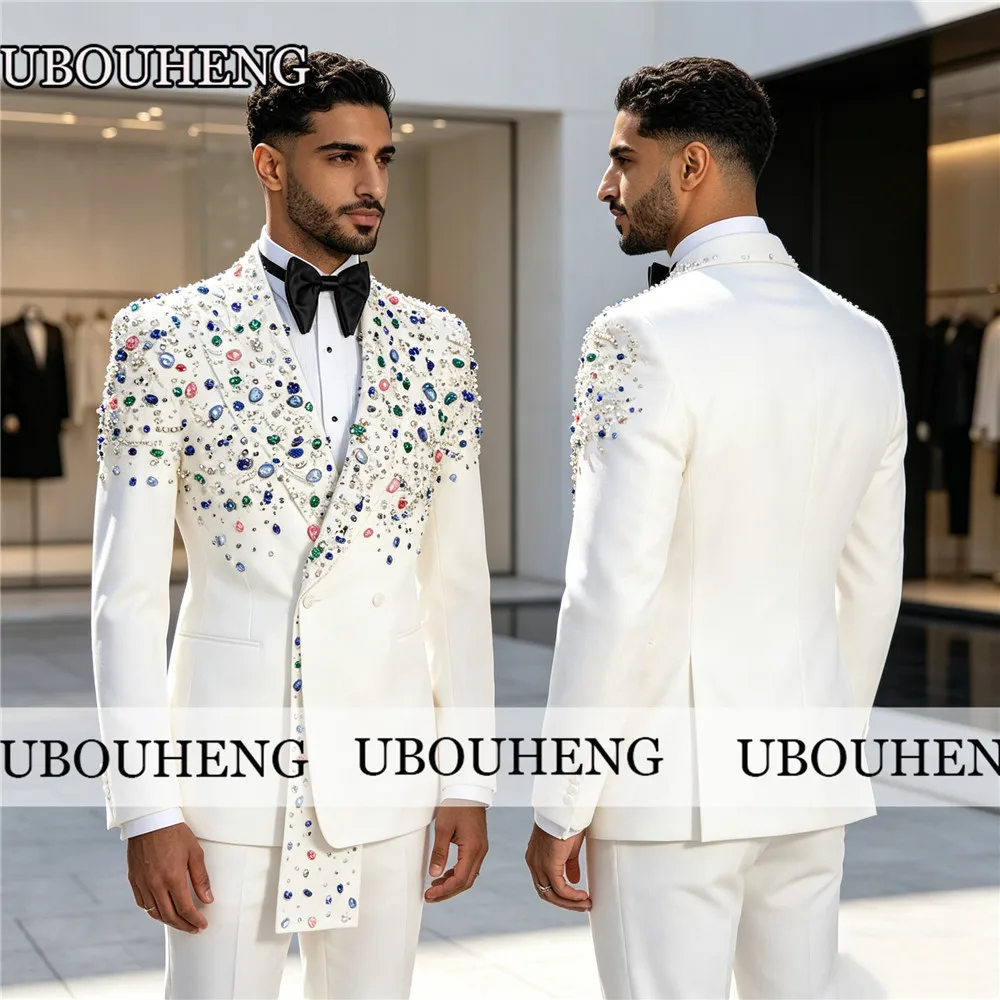 Exclusive Jewelry Stones Wedding Suits For Groom Double Breasted Jacket Pants 2 Piece Sets Man Tuxedo Attire Custom Made Outfits