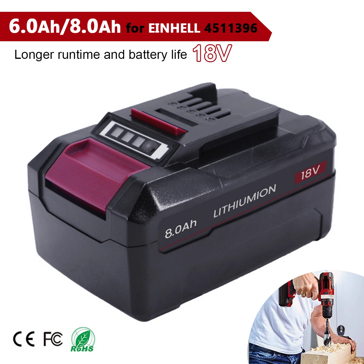 Batterie Li-ion Rechargeable EIN18C2 18V 6000mAh/8000mAh pour EINHELL Power x-change PX-BAT4 PX-BAT52 4511396 AXXIO TE-HD18Li