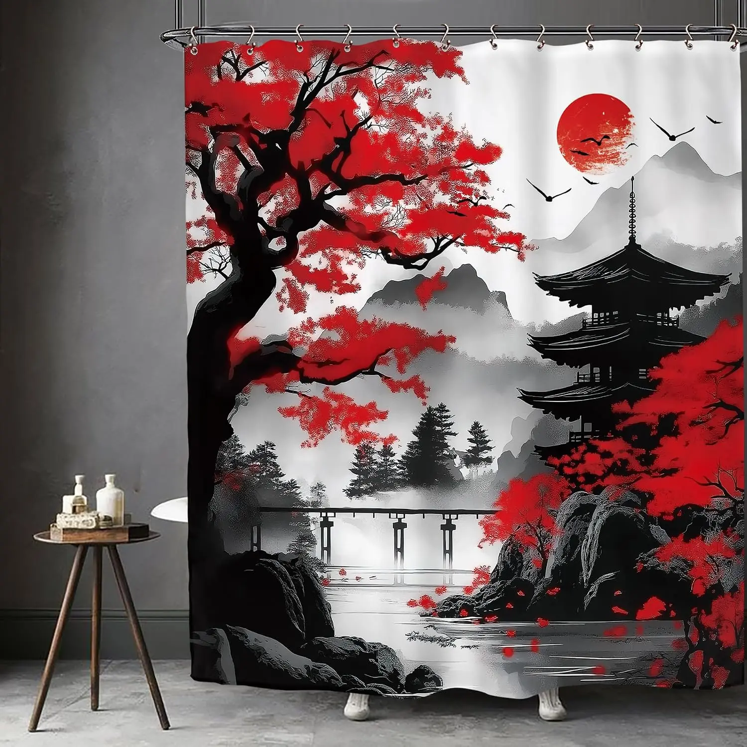 Asian Sunset Japanese Cherry Blossom Bath Curtain Shower Curtain Waterproof Printed Bathroom Decor Home  Asian Sunset Japanese C