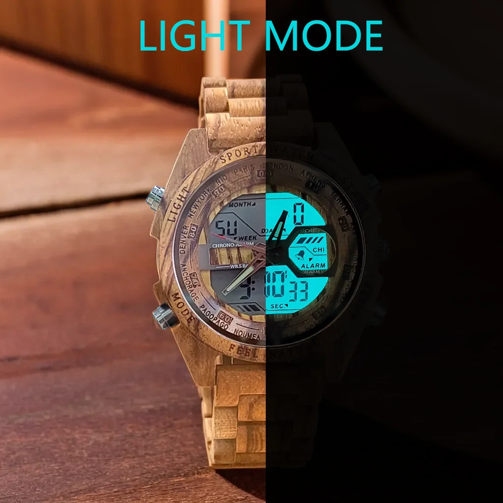 Quarzt Digital Dual Display Wooden Watch Sport LED Luminous Hand Fashion New Design Timepiece Gifts relogio masculino with Box