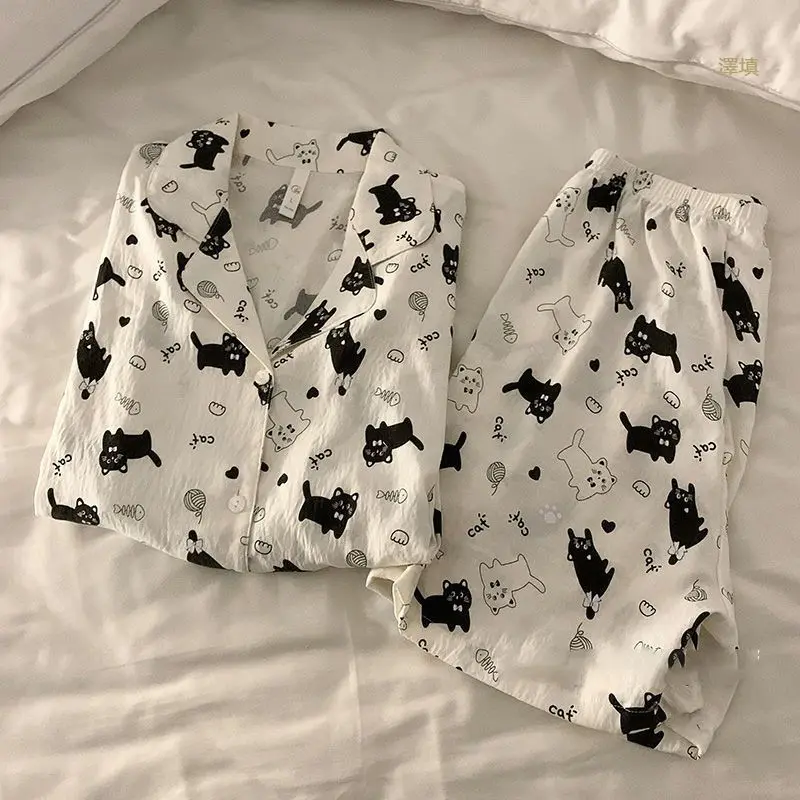 

Cute Cartoon Black Kitten Sleepwear Women Summer Cloud Cotton Cardigan Ins Sweet Short Sleeved Shorts Loose Thin Home Suit Set